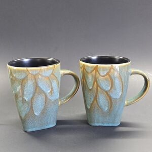 2-Jaipur Market China-Tall 14oz Green/Blue Glaze Botanical Mugs Ceramic Pottery